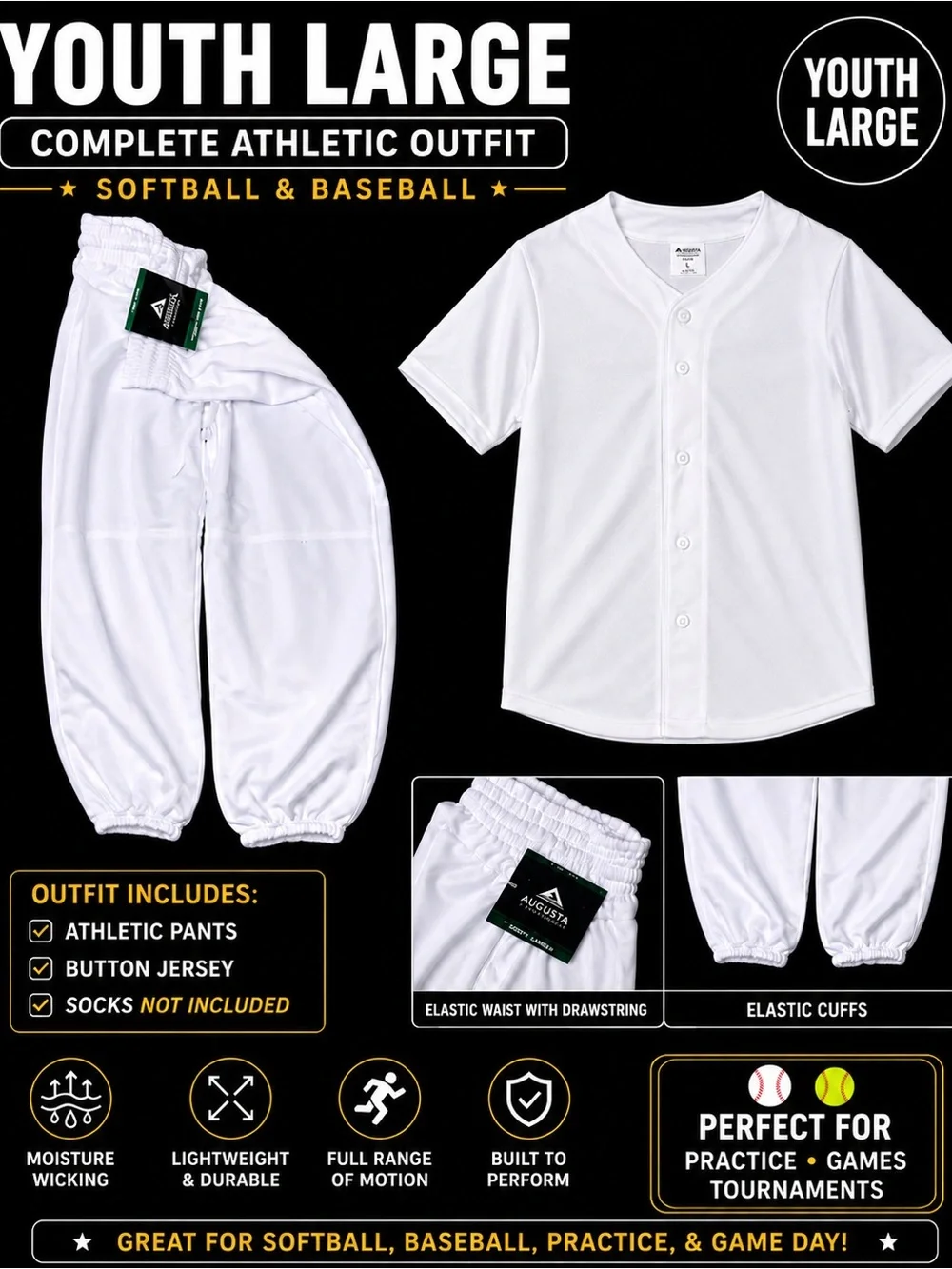 Augusta Sportswear Youth White Baseball/Softball Pants and Jersey Set